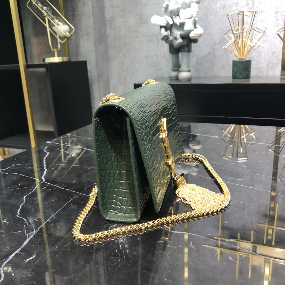 Saint Laurent Kate Tassel Small Crocodile Embossed Calfskin Shoulder Bag Handbag Army Green 474366 Gold